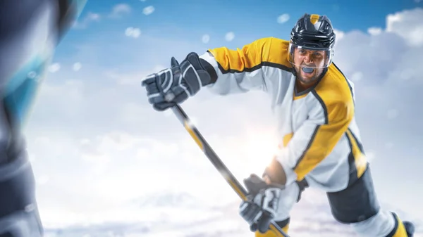 Sport emotion. Hockey close up. Hockey action. Professional hockey players playing hockey on a rink in mountain. Sport