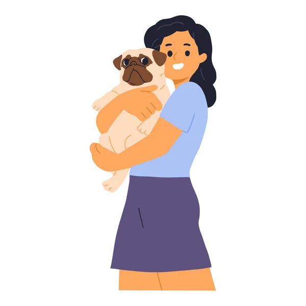 Young Woman Hugging Pug Dog — Stock Vector