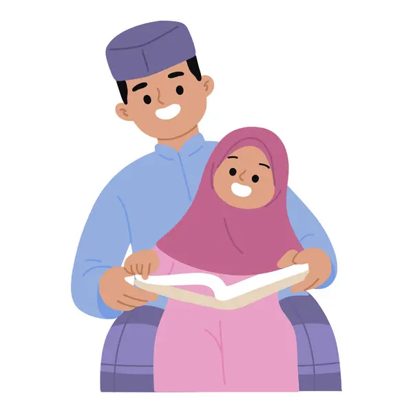 Gadis Membaca Qur Suci Dengan Ayah - Stok Vektor