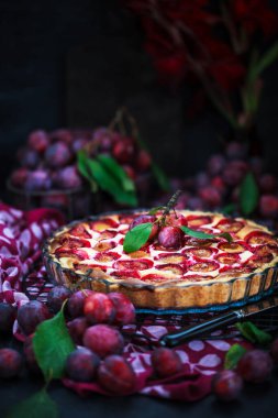 Taze ev yapımı erikli tart ya da koyu renkte kek.