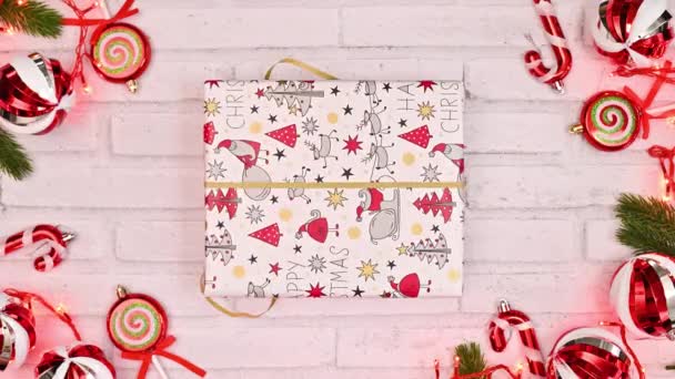 Copy Space Cute Christmas Gift White Background Traditional Red Ornaments — Stock Video