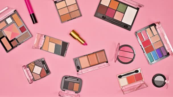 Blinking Make Cosmetics Pattern Pastel Pink Background Flat Lay Stop — Vídeo de Stock
