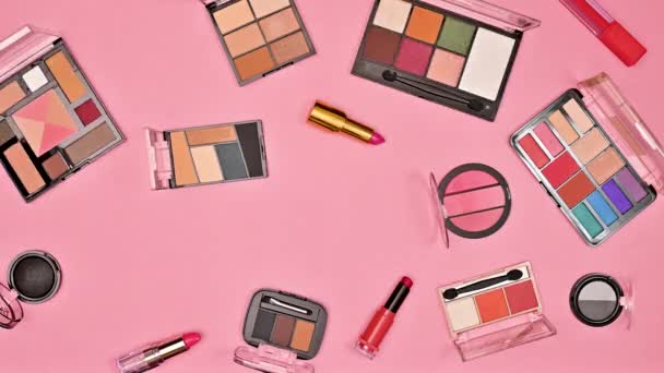 Make Cosmetics Making Patter Pastel Pink Background Flat Lay Copy — Video Stock
