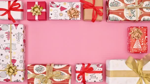 Christmas Frame Made Gifts Pastel Pink Background Copy Space Flat — Wideo stockowe