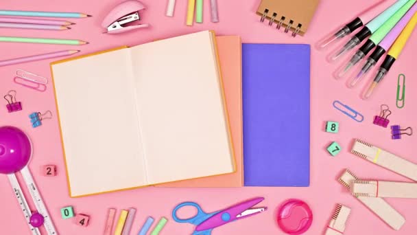 School Stationery Moving Books Copy Space Open Book Pastel Pink — Video Stock