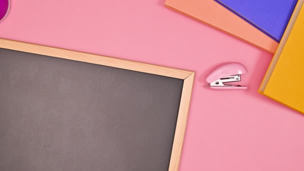 School Blackboard School Stationery Appear Pastel Pink Background Flat Lay — Vídeos de Stock