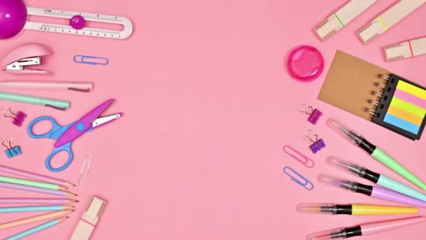 School Stationery Moving Pastel Pink Background Copy Space Stop Motion — Stock video