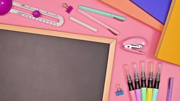 School Blackboard Stationery Moving Pastel Pink Background Flat Lay Stop — Vídeos de Stock