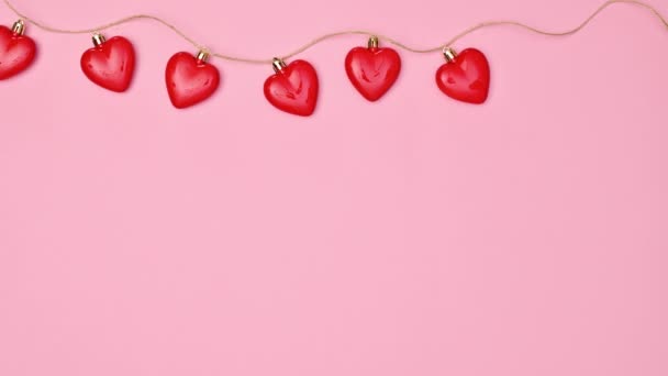 Love Heart Garland Copy Space Pastel Pink Background Flat Lay — Stock videók