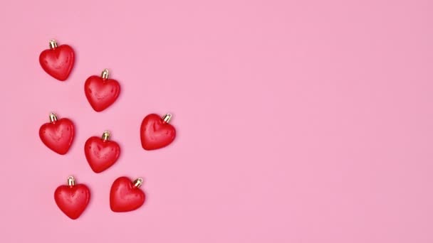 Valentine Day Background Greeting Card Moving Red Hearts Flat Lay — Stockvideo