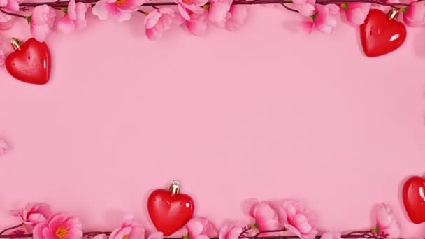 Romantic Flowers Hearts Frame Copy Space Valentine Day Spring Background — Video Stock