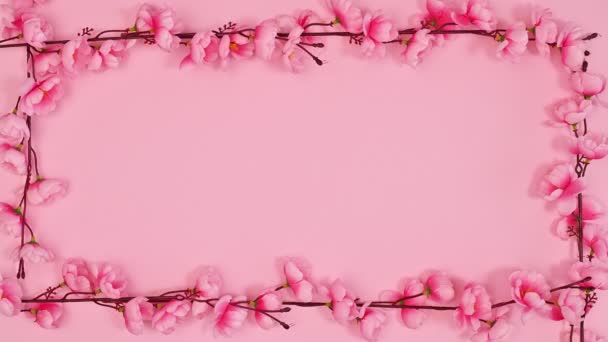 Spring Romantic Frame Copy Space Made Flowers Bloom Pastel Pink — Vídeos de Stock
