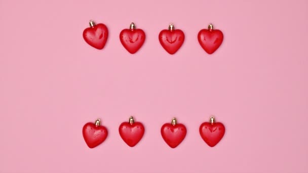 Valentine Day Hearts Layout Pink Background Flat Lay Stop Motion — Stockvideo