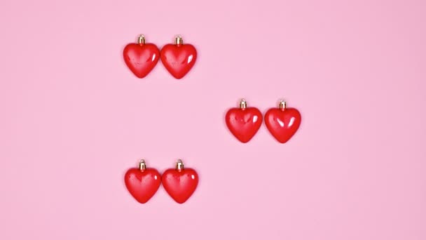 Creative Valentine Day Layout Hearts Bright Pink Background Flat Lay — Video