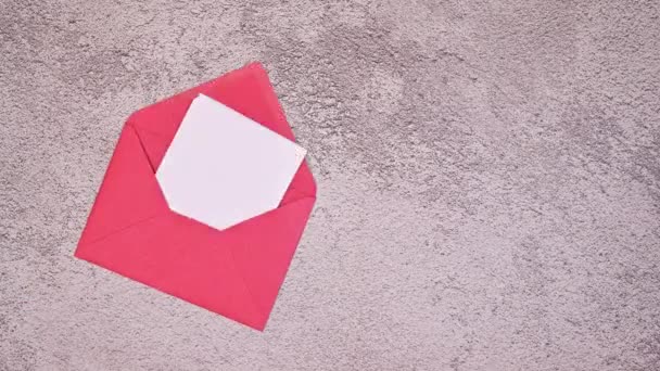 Romantic Greeting Card Copy Space Paper Appear Red Envelope Hearts — Stockvideo