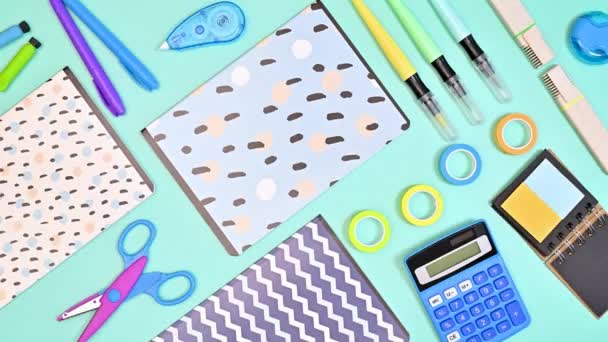 School Stationery Pattern Moving Pastel Blue Background Flat Lay Stop — Stock Video