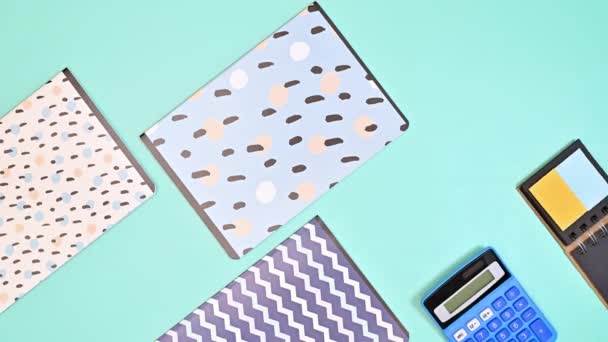 School Stationery Pattern Appear Pastel Blue Background Flat Lay Stop — Video