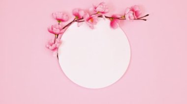 Pastel pembe arka planda bahar çiçeği desenli uzay çemberini kopyala. Hareketi durdur. Düz yatıyordu
