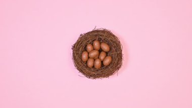 Different kind of eggs appear and disappear and change in nest on pastel pink background. Easter concept. Stop motion. Flat lay