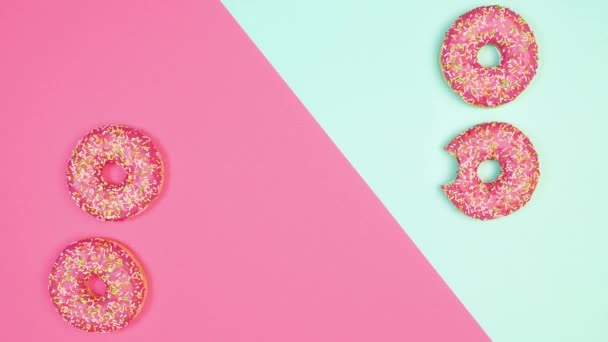 Creative Stop Motion Animation Strawberry Glazed Donuts Moving Appear Pastel — Vídeo de stock