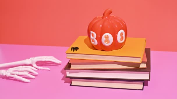 Libros Calabaza Esqueletos Stop Motion Halloween Fun — Vídeos de Stock
