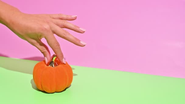 Pastel Halloween Delight Mano Della Donna Posiziona Porta Zucca Stop — Video Stock