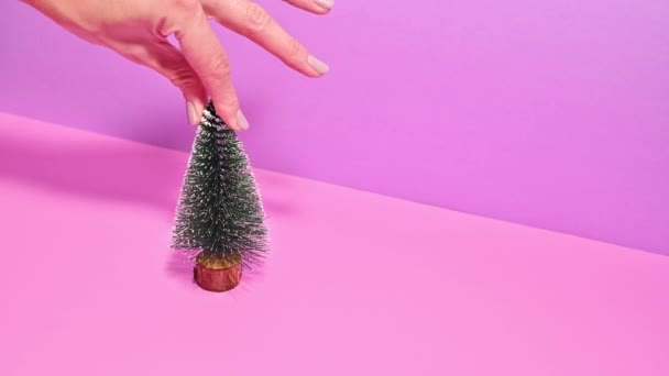 Stop Motion Albero Natale Posizionato Mano Sfondo Rosa Divide Tre — Video Stock