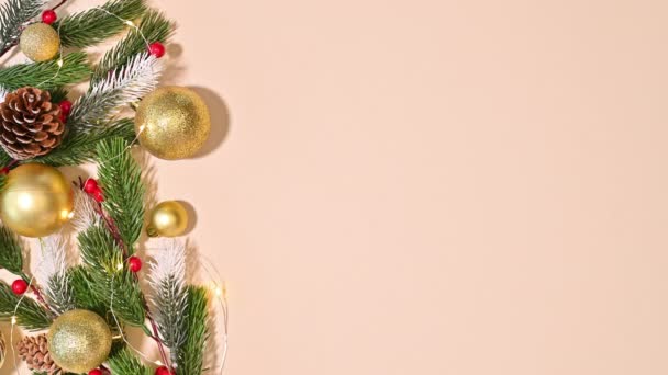 Golden Elegance Christmas Flat Lay Ornaments Garland Lights Stop Motion — Stock Video