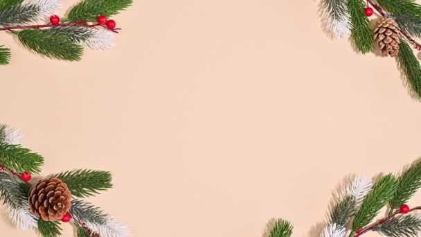 Ramas Decoración Natural Navidad Con Luces Espacio Copia Beige Stop — Vídeos de Stock