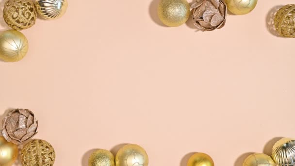 Symphony Motion Christmas Frame Golden Ornaments Stop Motion Flat Lay — Stock Video