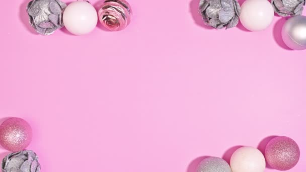 Pastel Pink Marco Navidad Suave Con Adornos Copiar Espacio Stop — Vídeos de Stock