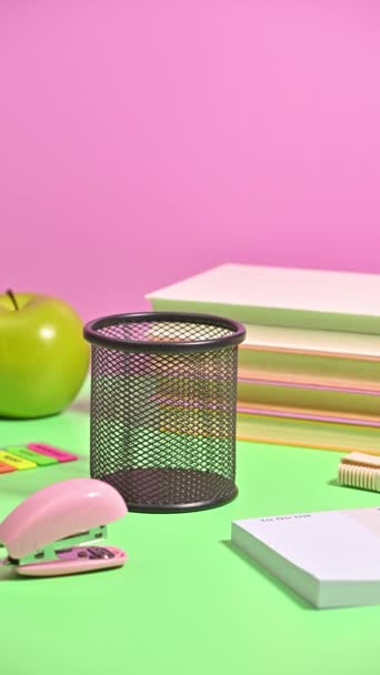 Vertical Stop Motion School Desk Stationery Appearing — Stock Video