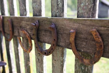 Köhne ahşap bir çitte asılı paslı eski şans at nalları koleksiyonu..