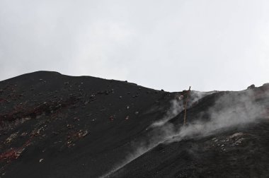 Etna Dağı 'ndaki volkanik manzara. Sicilya 'daki Etna Dağı' nda bulutlu bir gökyüzünün altındaki kayalık volkanik arazi saf güzelliğini sergiliyor..