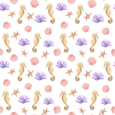 Elle boyanmış deniz unsurlarıyla kusursuz suluboya deseni. Beyaz arka planda bej deniz atları, pembe deniz kabukları, turuncu deniz yıldızı ve mor mercanlar bulunur. Yaz tekstili için mükemmel, plaj temalı kırtasiye, ambalaj kağıdı, kumaş