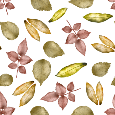 Elle boyanmış suluboya, dikişsiz desenli, sonbahar yapraklı, sıcak toprak tonlu. Mevsimlik baskılar, tekstil tasarımı ve davetiyeler için ideal. Saydam arkaplan, png