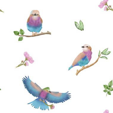 Bu pürüzsüz suluboya deseninde büyüleyici Leylak göğüslü kuşlar dallar üzerinde dinleniyor ve uçuyor, narin çiçekler ve yeşil yapraklarla çevrili.. 