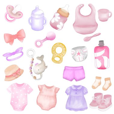 Bu büyüleyici suluboya klipte erkek bebek eşyaları sergileniyor. Sakinleştirici mavi, nane ve bej tonlarda. Emzikler, biberonlar, tulumlar, şapkalar, yumuşak oyuncaklar, şortlar, bebek şişeleri, popolar ve tıkırtılar içerir.