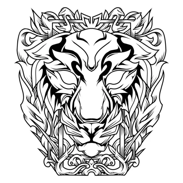 Tigre Con Fiorista Ornamento Linea Art Illustrazione — Vettoriale Stock