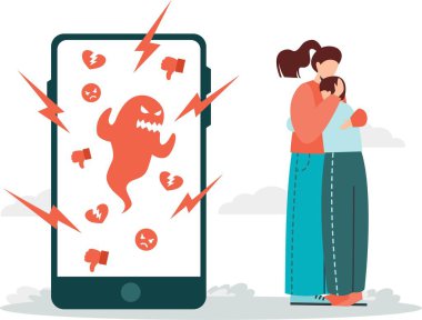 Düz vektör çizimi. Çocuklar için internetteki tehlikeli materyallerin sorunu. Anne çocuğunu internetin zararlı etkilerinden koruyor.