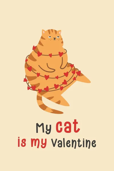 バレンタインデーのベクトルカード 赤い脂肪の猫は風船で飛ぶ 不満を抱いた猫が ハーリンボーンに心を絡ませて座っている 私の猫の碑文私のバレンタイン — ストックベクタ