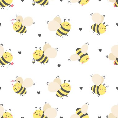 Kusursuz vektör deseni. Sevimli neşeli arılar ve kara kalpler. 