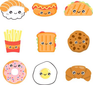 Şirin vektör seti. Beyaz arka planda yüzleri olan gülen yemek koleksiyonu. Suşi, quesadilla, hadi köpek, patates kızartması, sandviç, kurabiye, çörek, yumurta, kruvasan. 