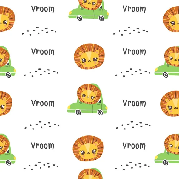 Διανυσματικό Μοτίβο Χαριτωμένο Λιοντάρι Οδηγεί Αυτοκίνητα Επιγραφές Vroom — Διανυσματικό Αρχείο