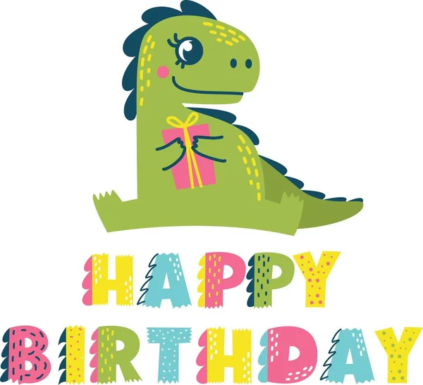Ilustração Vetor Bonito Das Crianças Aniversário Inscrição Estilo Dinossauros Raptor —  Vetores de Stock