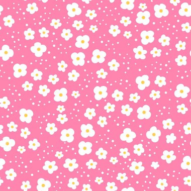 Şirin vektör deseni. Pembe arka planda beyaz papatyalar. Neşeli çocukların arka planı 