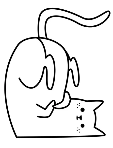 Lineare Schwarz Weiß Vektordarstellung Niedliche Katze Sitzt Auf Dem Kopf — Stockvektor