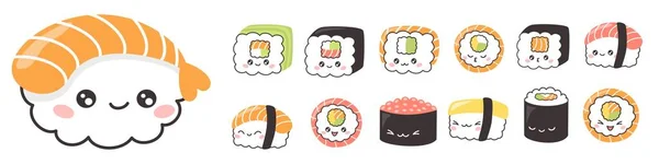 Vector Karakterverzameling Leuke Sushi Broodjes Leuk Eten Witte Achtergrond Vectorillustratie — Stockvector