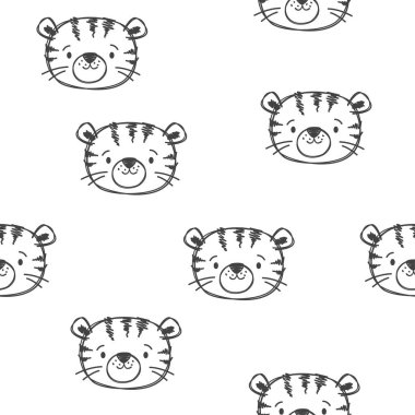 Kusursuz vektör deseni. Keçeli kalemle veya keçeli kalemle çizilmiş şirin bir kaplan yavrusu. Çocukça çizimler yapan bir model. Vektör illüstrasyonu