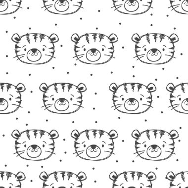 Kusursuz vektör deseni. İşaretli kalemle çizilmiş şirin kaplanlar. Siyah ve beyaz çocuklar çiziyor. - Evet. Vektör illüstrasyonu